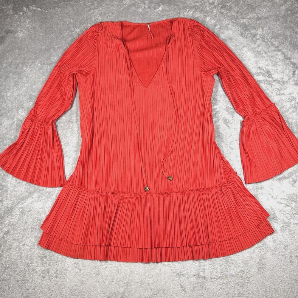 Free People Flowy Bell Sleeve Mini Dress Womens M Can't Help It Red Boho